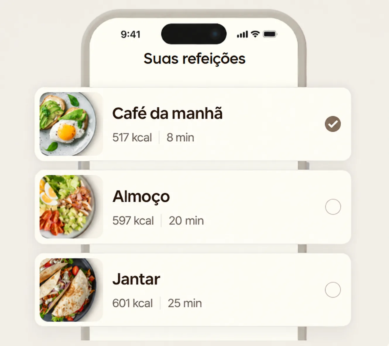 Planejamento alimentar do Método P30 em um celular, com café da manhã, almoço e jantar organizados